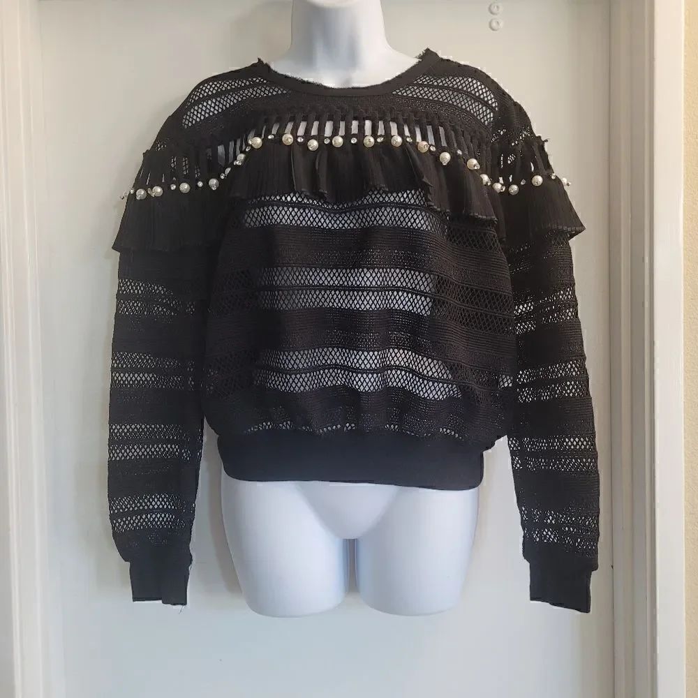 Vintage black ruffle sweater made with mesh, pearls, rhinestones and chiffon